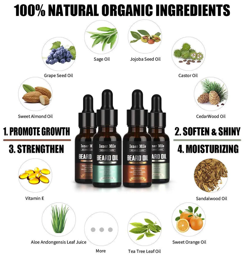 4 Pack Beard Oil Set Leave in Conditioner, Cedarwood, Sandalwood, Sage, Sweet Orange for Men Mustaches Growth, Soften, Moisturizing, Strength, Stocking Stuffers Gifts for Him Man Dad Father Boyfriend ISNER MILE
