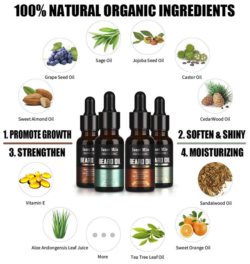 4 Pack Beard Oil Set Leave in Conditioner, Cedarwood, Sandalwood, Sage, Sweet Orange for Men Mustaches Growth, Soften, Moisturizing, Strength, Stocking Stuffers Gifts for Him Man Dad Father Boyfriend ISNER MILE
