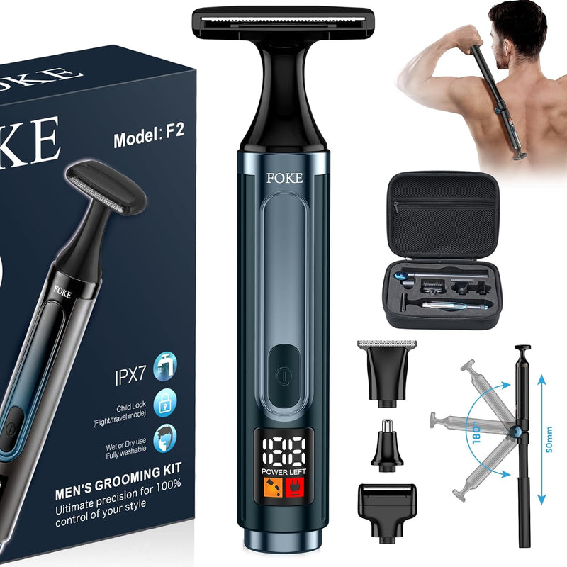 FOKE Back Shaver for Men, Ultra-Wide 1.8" T-Shaped Head, Travel Case, LED 4 in 1 Mens Back Shaver Rechargeable with Long Handle, Safety Lock, IPX7, Multi-Functional Back Trimmer for Men, (Dark Black) Infinity Warehouse