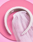 xo, Fetti Bachelorette Party Decorations Pearl Headband with Detachable Veil | White Headpiece Bridal Shower Gift, Bridesmaid Favors xo, Fetti