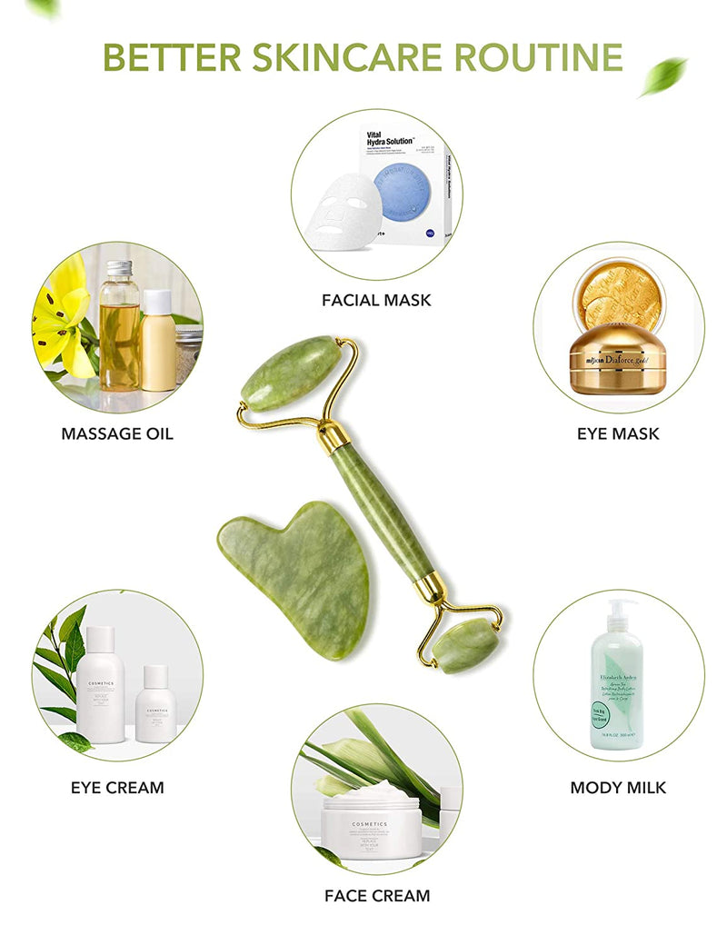 HANABEE Rose Quartz Facial Roller Jade Roller Gua Sha Facial Tools Face Roller and Gua Sha Massage Tool Body gua-sha Scalp Beauty Gift for Women Face Roller Massager (Green) HANABEE