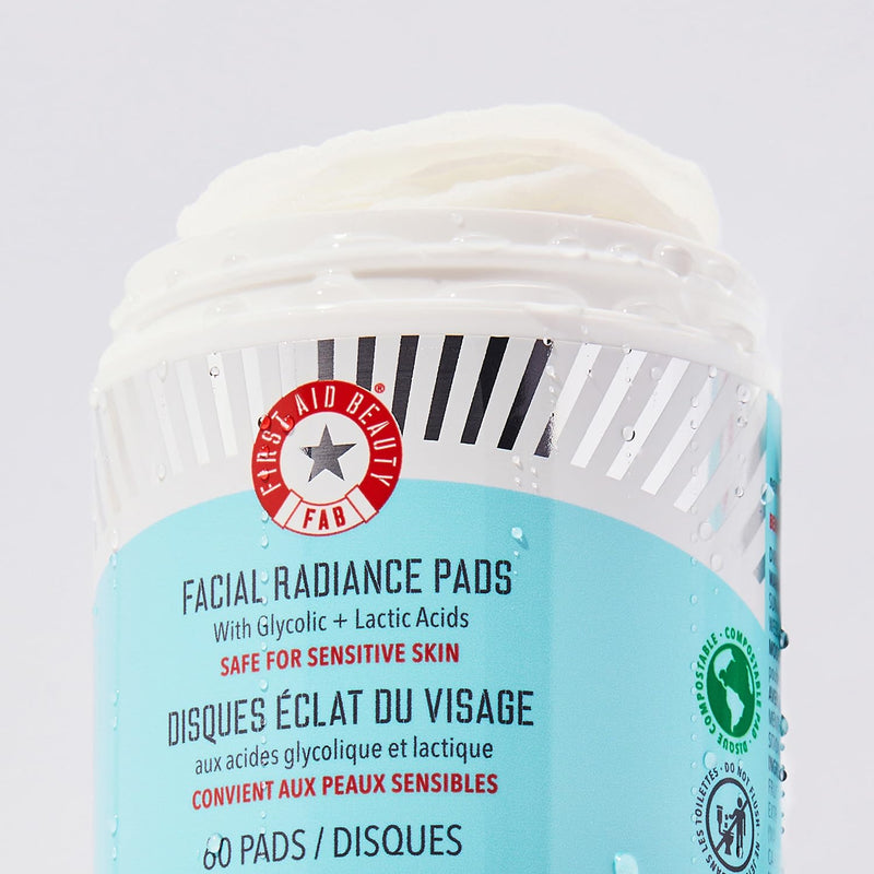 First Aid Beauty - Facial Radiance Pads with Glycolic & Lactic Acids, Daily Exfoliating Pads with AHA that Help Tone & Brighten Skin, One-Step Makeup Prep, Compostable for Daily Use, 60 ct Infinity Warehouse