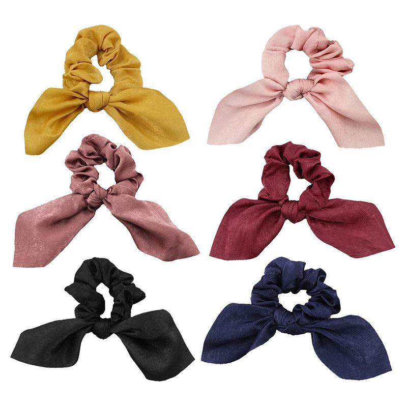 JIRIS 6 Pcs Satin Silk Hair Scrunchies Rabbit Bunny Ear Bow Bowknot Scrunchie Bobbles Elastic Hair Ties Bands Ponytail Holder for Women Accessories(SET2) JIRIS