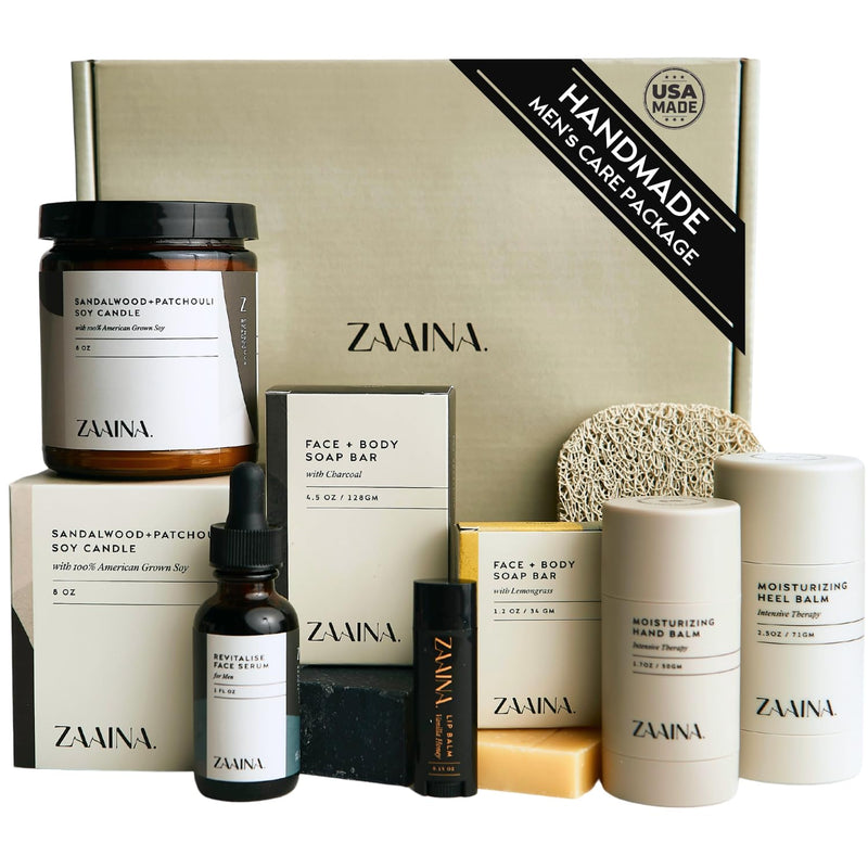 Men's Self Care Package - Luxury Spa Gift Set for Him, Unique Gifts for Men - Handmade in USA, Relaxation Self Care Spa Gift Set for Him - Natural Men Skin Care Kit with Sandalwood Candle by ZAAINA Infinity Warehouse