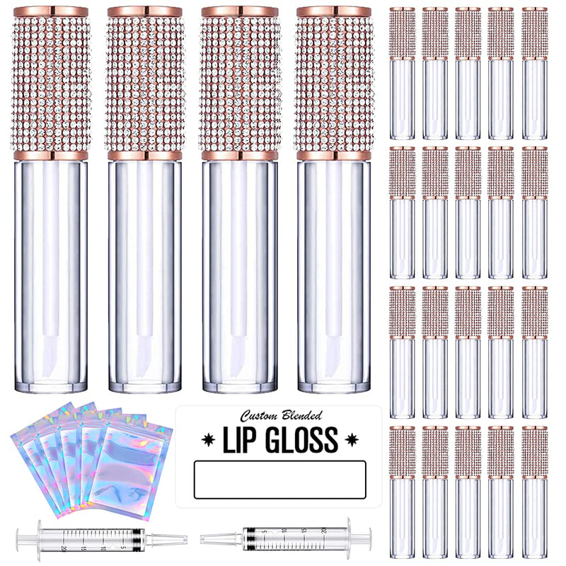 24 Pack Crystal Rhinestone Lip Gloss Tubes with Wand 5ml Empty Lip Gloss Containers Lipgloss Bottles with Stoppers Free 5pcs Mylar Bags + 2pcs Syringes for DIY Lip Gloss Balm AMORIX