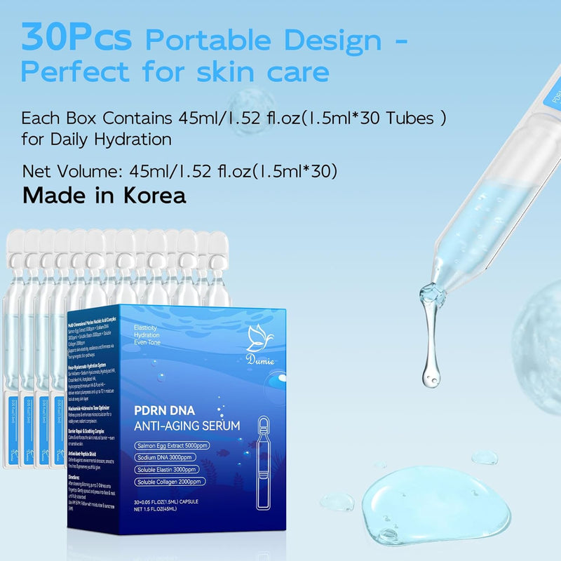 Salmon DNA PDRN Anti-Aging Serum, 5000ppm Salmon Egg DNA Ampoule, 2000ppm Collagen, Glutathione, Niacinamide & 6 Hyaluronic Acids, Korean Skincare for Wrinkles & Radiance,0.05 fl.oz x 30e Infinity Warehouse