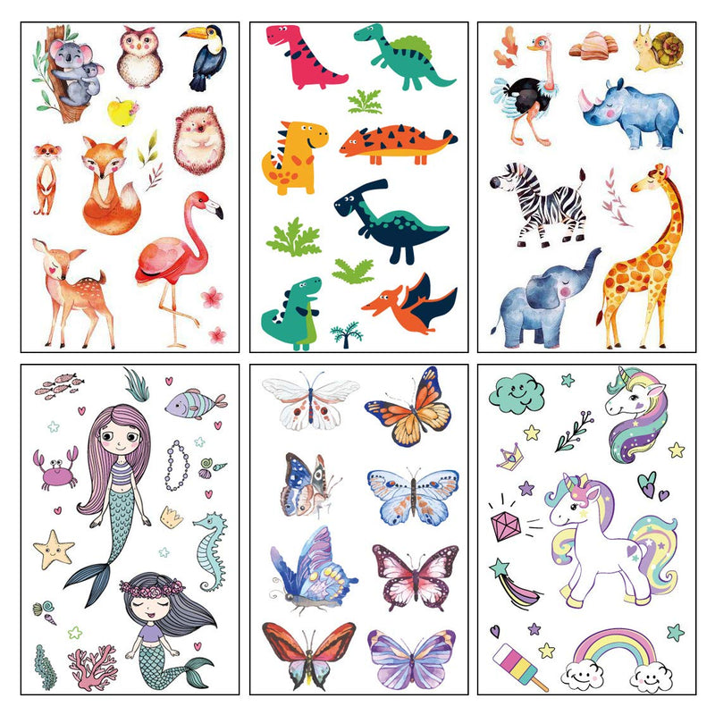 Temporary Tattoos for Kids, Christmas Birthday Party Supplies Unicorn Mermaid Butterflies Dinosaur Fake Tattoo Stickers Art(6 Sheets) AIDFSIP