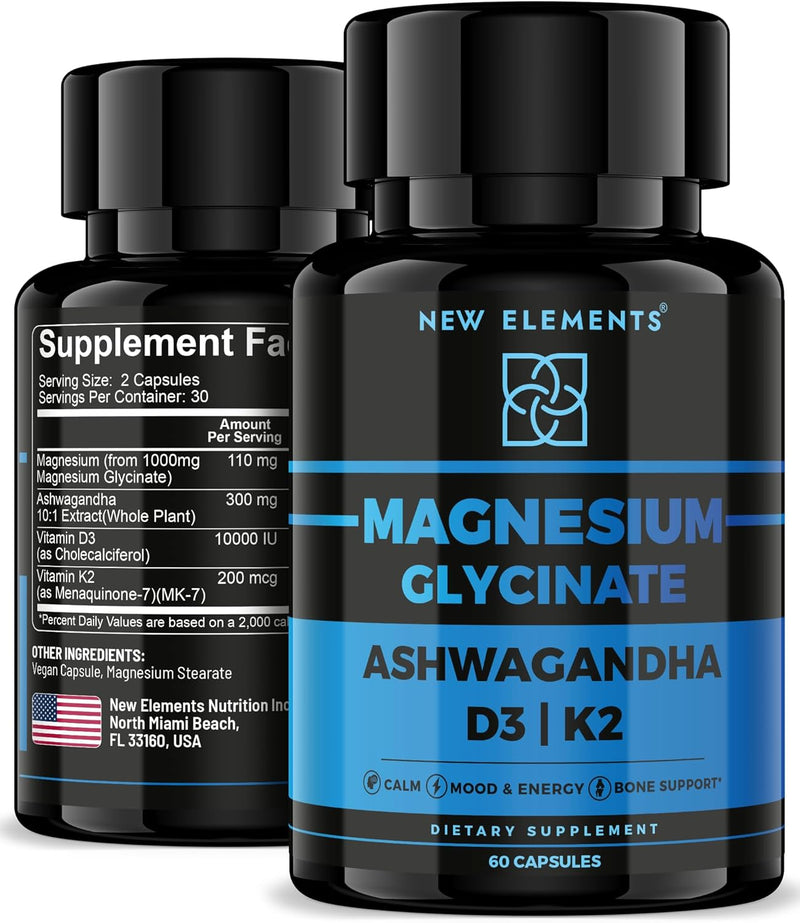 Magnesium Glycinate 1500mg with Ashwagandha 300mg + Vitamin D3 10,000 IU & K2 (MK-7) 200mcg – Stress Relief, Calm Mood & Bone Support – High Absorption Vegan Capsules – Non-GMO Infinity Warehouse