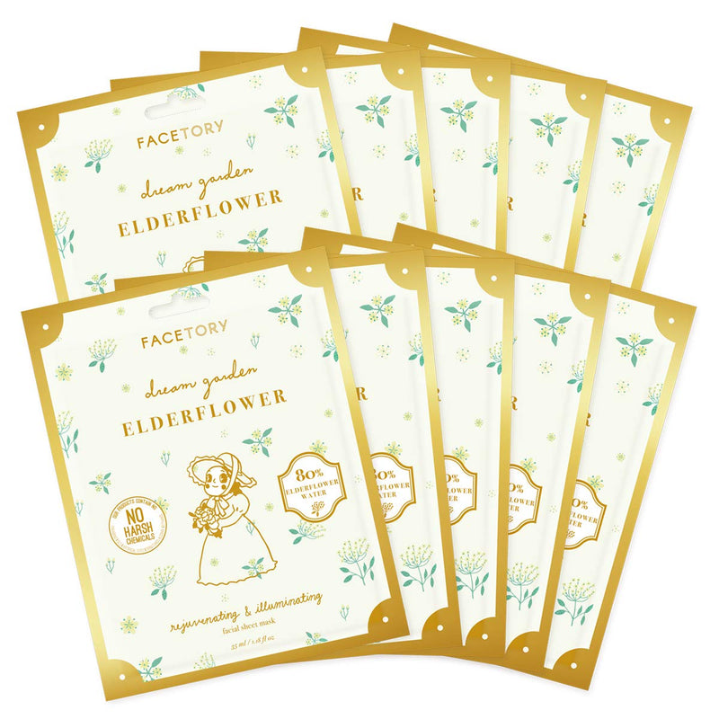 FaceTory Dream Garden Elderflower Mask (Pack of 10)- Rejuvenating and Illuminating Facial Sheet Mask FACETORY