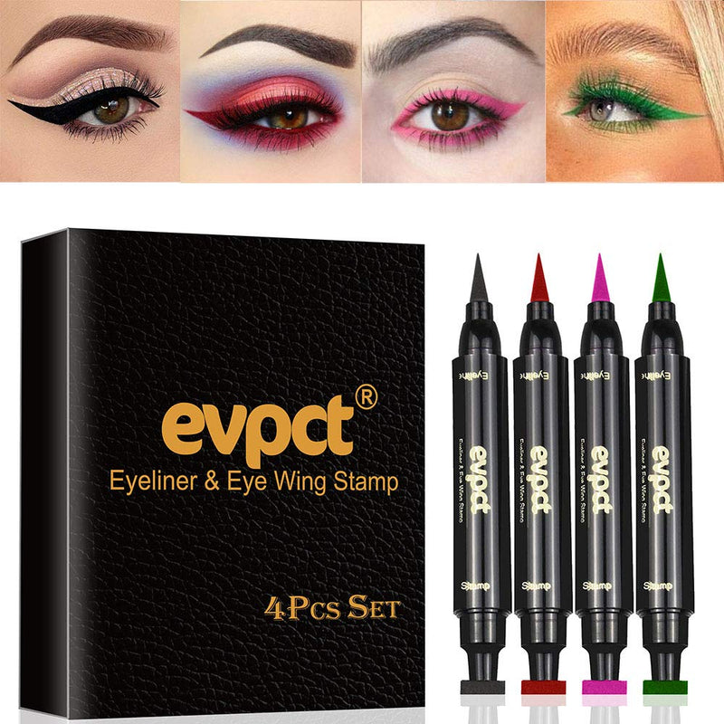 4 Color Winged Eyeliner Stamps Set,evpct Wing Waterproof Eyeliner Stamp Tool Wingliner,Black Red Pink Green Matte Liquid Eyeliner Colorful Set Colored Cat Eye Stamp Eyeliner Liners Pencil Pen Kit evpct