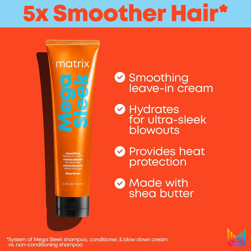 Matrix Mega Sleek Blow Down Smoothing Leave-In Cream - Smooths Hair, Detangles, & Tames Frizz, Heat Protectant, For Dry, Damaged & Frizzy Hair, 5.1 Fl Oz Infinity Warehouse