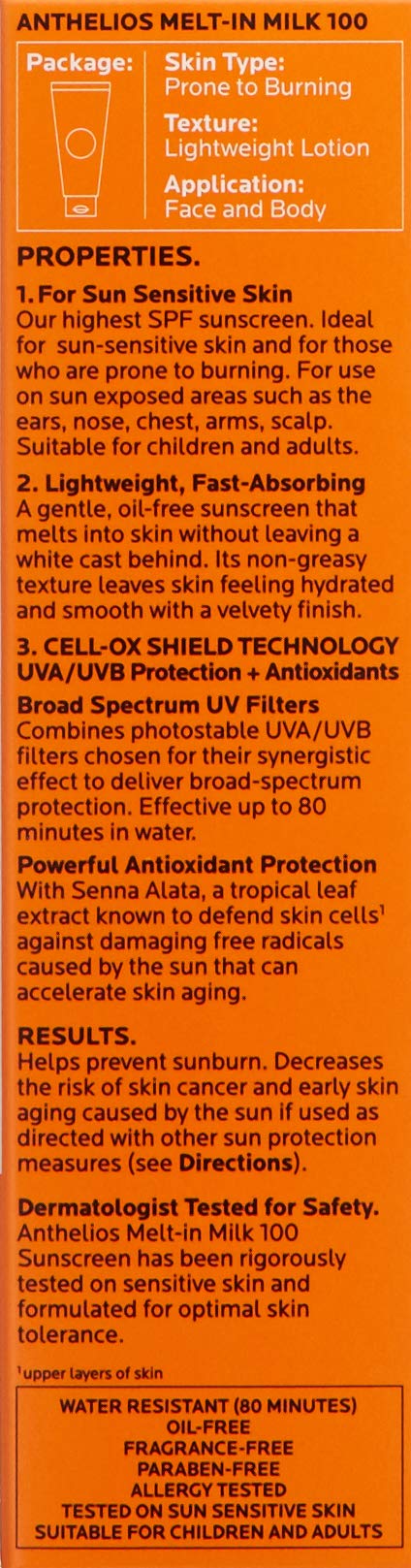 La Roche-Posay Anthelios Melt-in Milk Body & Face Sunscreen Lotion Broad Spectrum SPF 100, Oxybenzone & Octinoxate Free, Sunscreen for Kids, Adults & Sun Sensitive Skin, Unscented, 3 Fl oz La Roche-Posay