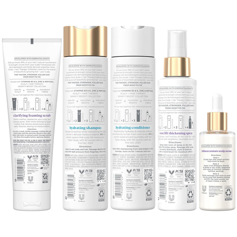 Dove Scalp + Hair Therapy Bundle – Clarifying Foaming Scrub, Hydrating Shampoo & Conditioner, Root Lift Thickening Spray + Fullness Restore Scalp Serum (5 Piece Set) Infinity Warehouse