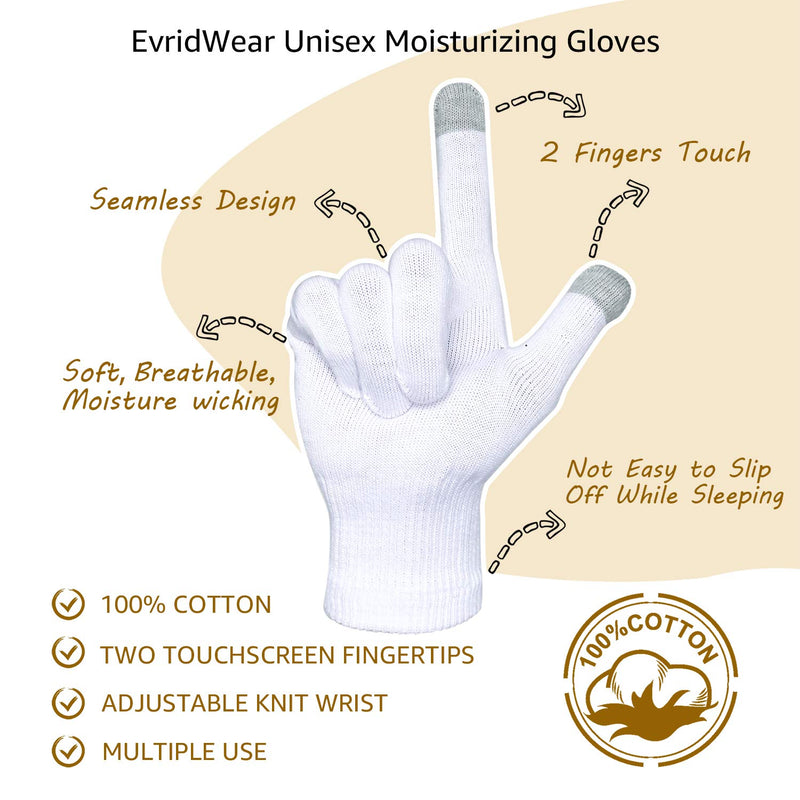 EvridWear Unisex Moisturizing Cotton Gloves with Touchscreen Fingertips for Eczema Beauty Cosmetic Dry Hands Sensitive Irritated Skin Therapy Overnight Bedtime, 6 Pairs, Lightweight-White, S/M Evridwear