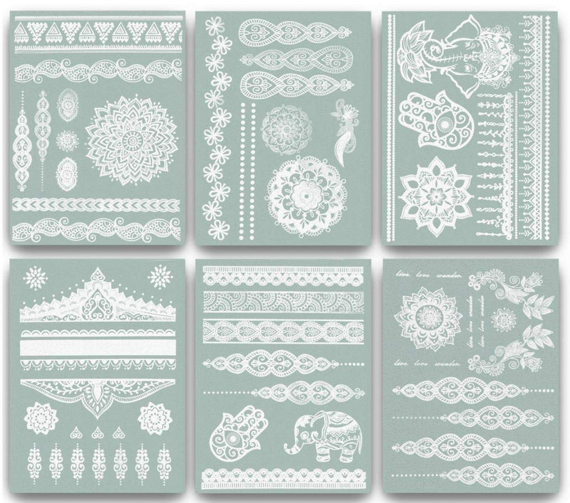 Terra Tattoos White Henna Temporary Tattoos 75+ Mandala Tattoos Flowers, Mandalas, Elephants & more! Waterproof Nontoxic Long Lasting Perfect for Beach, Festivals, & Parties Terra Tattoos