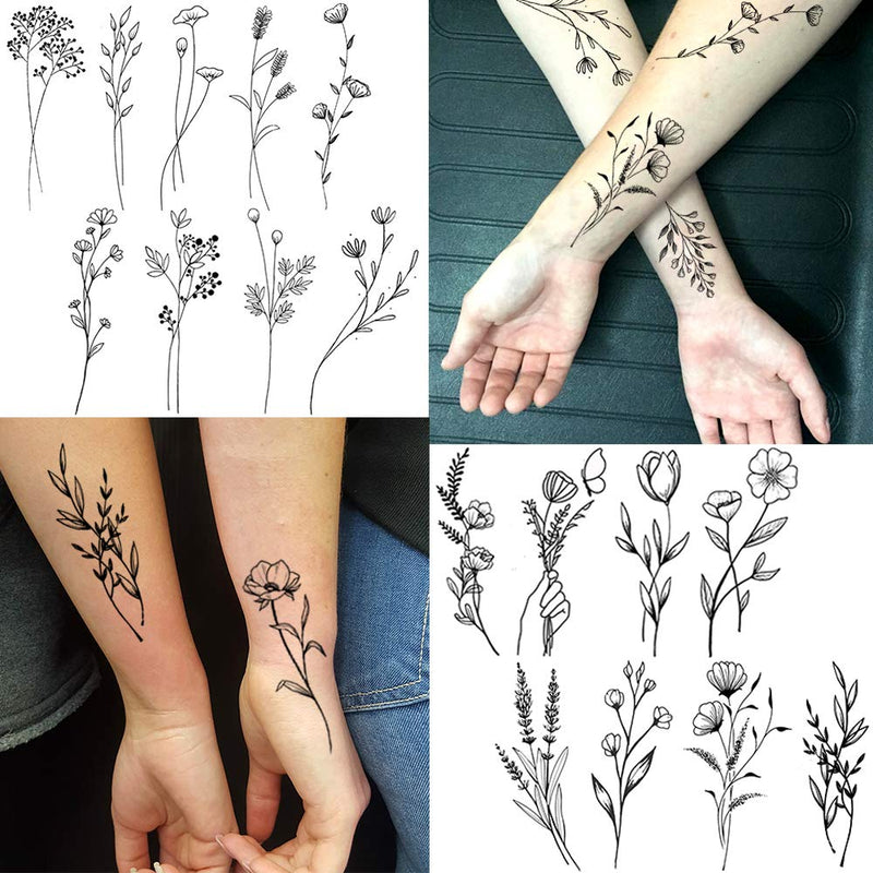 15 Sheets FANRUI Tiny Branch Black Flower Temporary Tattoos For Women Girl Floral Bouquet Small Tattoo Temporary Wild Plant Lavender Sweet Pea Larkspur Fake Tatoo Adults Face Hands Kids Kit Sticker FANRUI Store