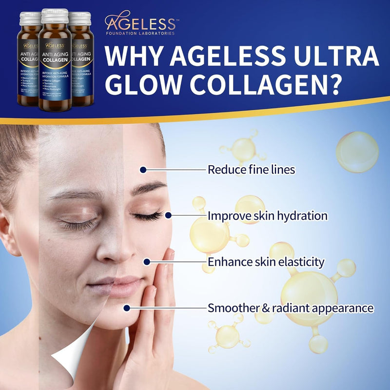 Ageless Anti Aging Collagen Liquid - Marine Collagen, Turmeric, Glutathione, and Rosa Roxburghi - 50 ml (10 Count) Infinity Warehouse