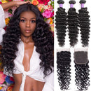 Brazilian Deep Wave Bundles with Closure (26 28 30+20) 10A Virgin Human Hair Bundles with Closure Wet and Wavy Curly Hair Weave 3 Bundles with Lace Closure Free Part YOCYTU