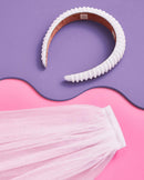 xo, Fetti Bachelorette Party Decorations Pearl Headband with Detachable Veil | White Headpiece Bridal Shower Gift, Bridesmaid Favors xo, Fetti