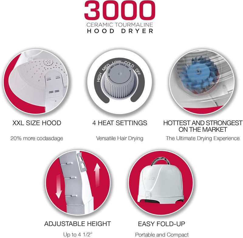 Red by Kiss 3000 Ceramic Tourmaline Professional Hood Dryer, 4 Heat Settings Blow Dryer for Home & Salon, Height Adjustable Convenient Big Hood Size Extra Coverage Infinity Warehouse