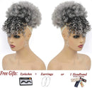 G&T Wig Afro High Puff Hair Bun Drawstring Ponytail With Bangs Short Kinky Curly Pineapple Pony Tail Clip in on Wrap Updo Hair Extensions for African American Black Women (1B/Grey) G&T Wig Store
