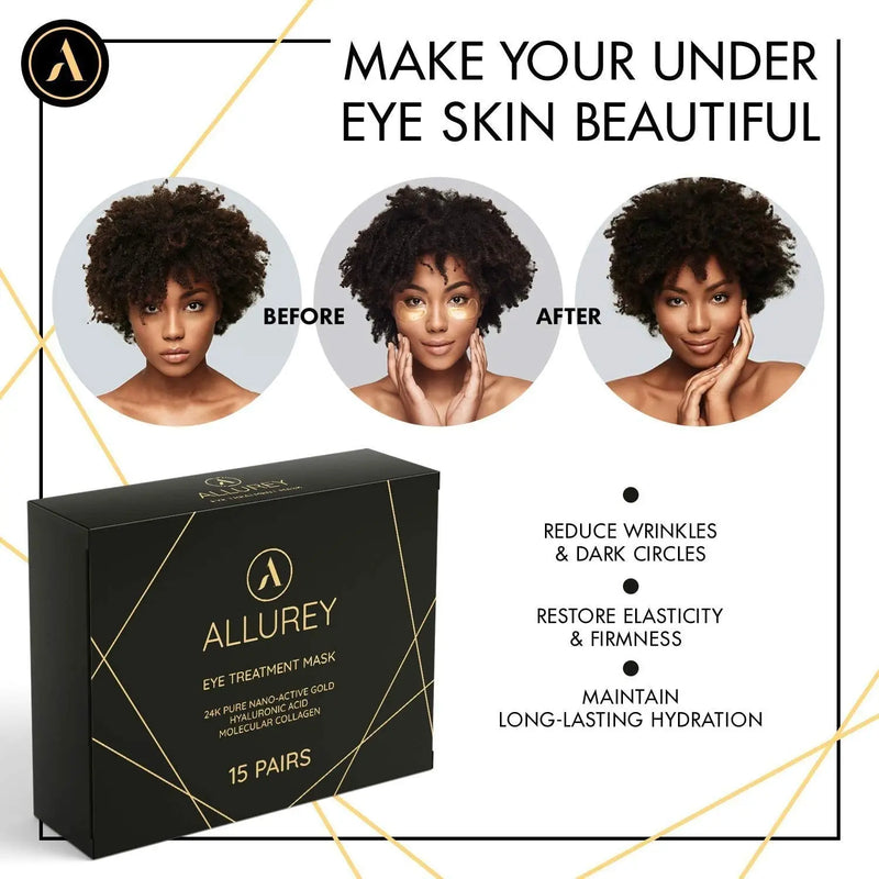 ALLUREY 24K Gold Collagen Under Eye Mask, Anti-aging and Anti-wrinkle Effect, Moisturizes, Reduces Puffiness and Dark Circles, Under Eye Patches (15 Pairs) ALLUREY