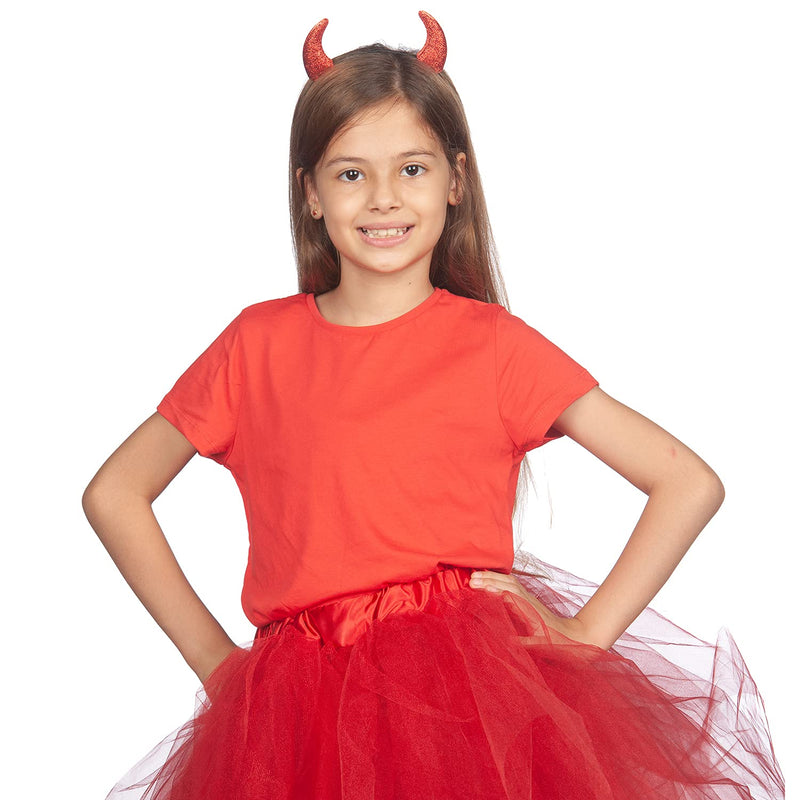 FUNCREDIBLE Red Devil Horns Headband | Glitter Devil Ears Headband | Devil Costume Accessory | Halloween Fancy Cosplay Outfit Accessories for Women, Men and Kids (Red) Funcredible