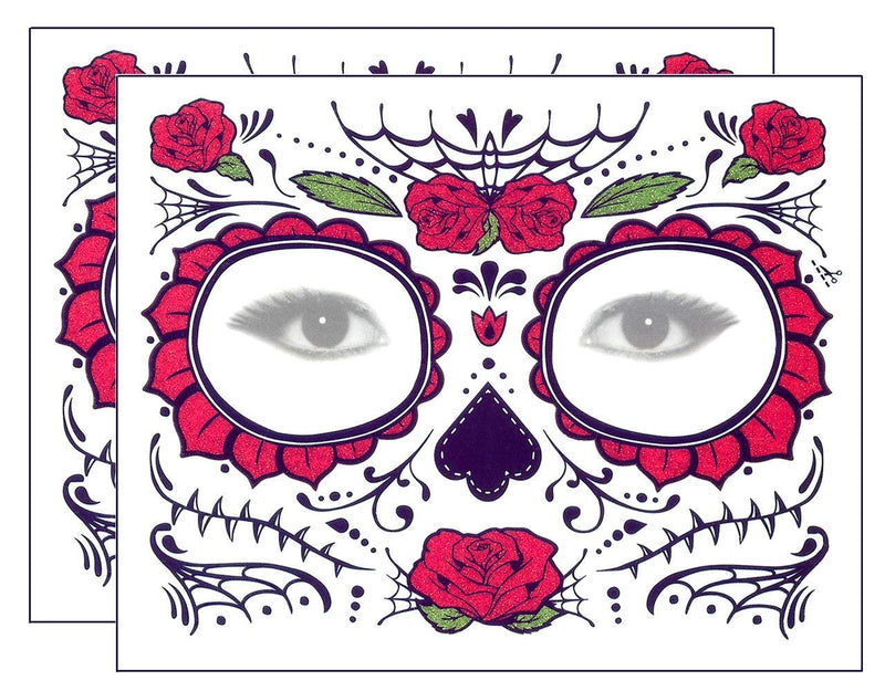Glitter Red Roses Day of the Dead Sugar Skull Temporary Face Tattoo Kit - Pack of 2 Kits Savvi