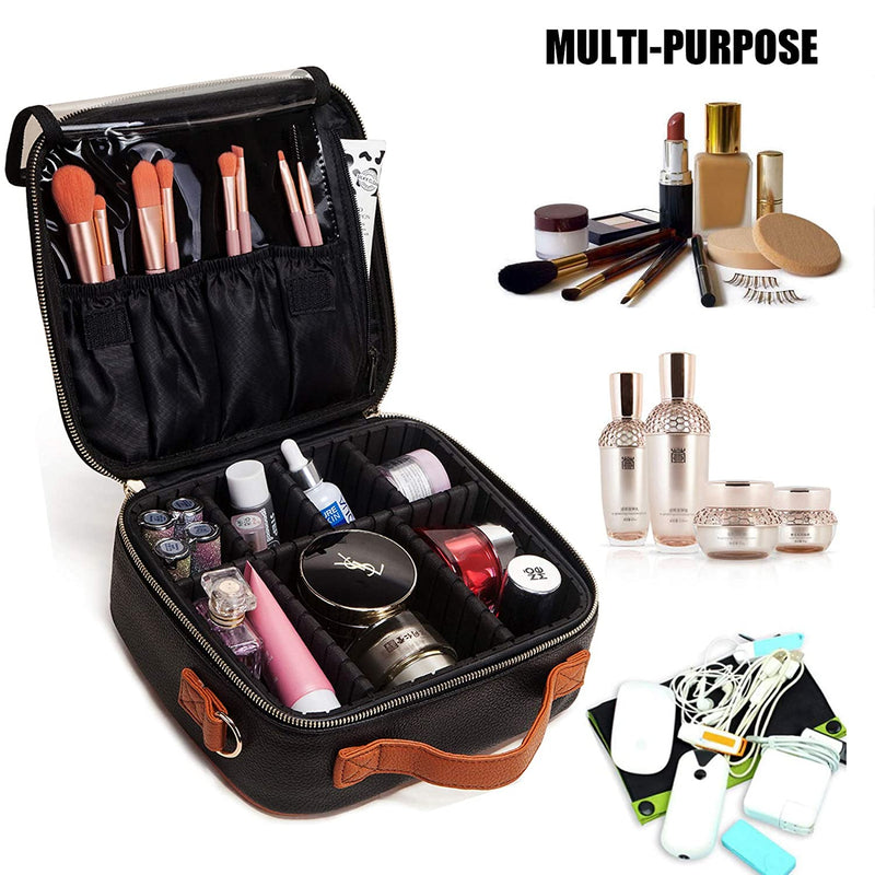 LACATTURA Travel Makeup bag, Leather Makeup Train Case Cosmetic Organizer for Makeup Brushes Toiletry Digital Accessories, Portable Artist Storage Bag With Shoulder Strap for Women lady Black LACATTURA