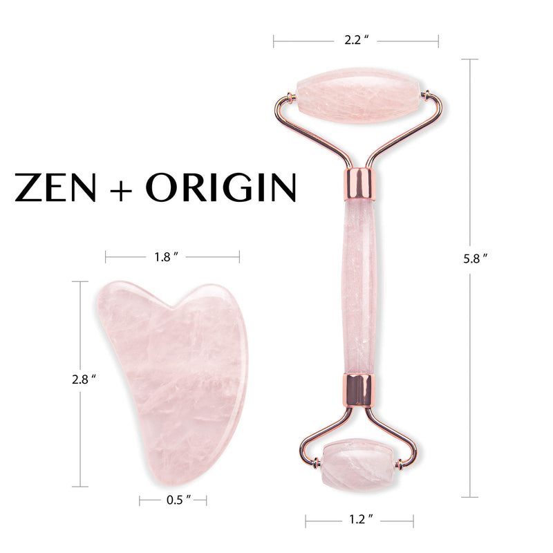 Rose Quartz Roller and Gua Sha Set, 100% Natural Rose Quartz Stone Face Roller, Anti-Wrinkle Anti-Aging Skin Care Tool, Facial Roller, Face Massager for Skin Firming and Stress Relief, Rose Gold ZEN + ORIGIN