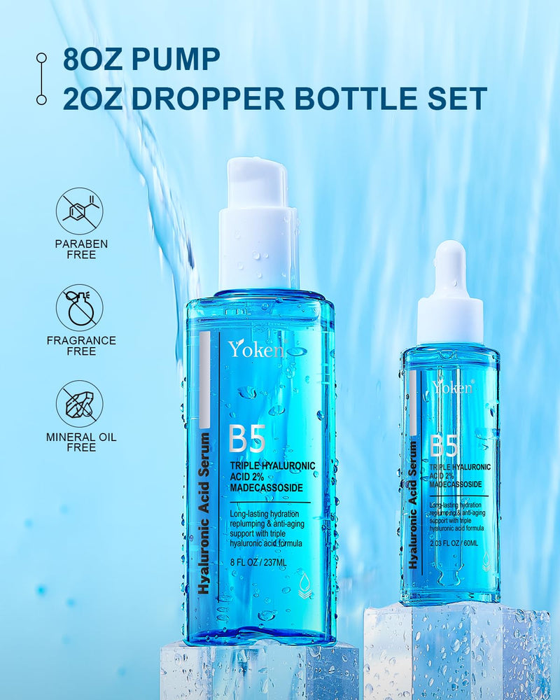 Yoken EWG Verified Hyaluronic Acid Serum for Face 8 + 2 fl oz, Vitamin B5 & Triple Pure Hyaluronic Acid 2%, Anti-aging Facial Serum for Fine Line Wrinkle Hydrating Serum Plump Dry Skin Fragrance-Free Infinity Warehouse