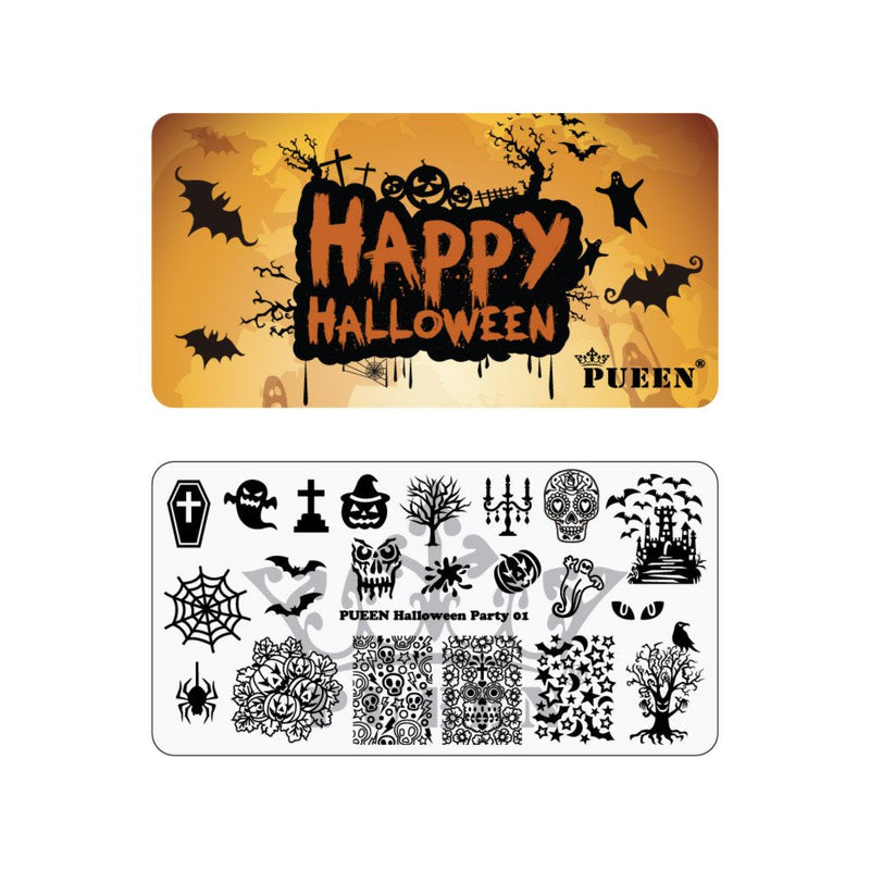 PUEEN Nail Art Stamping Plate - Halloween Party 01 - Theme Park Collection 125x65mm Unique Nailart Polish Stamping Manicure Image Plates Accessories Kit - BH000725 PUEEN