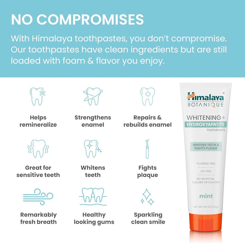 Himalaya Botanique Whitening + Hydroxyapatite Toothpaste for Whiter Teeth & Fresher Breath, Fights Plaque with Hydroxyapatite Support & Mint Flavor, Fluoride Free, SLS Free, & Vegan, 4.0 oz, 4 Pack Infinity Warehouse
