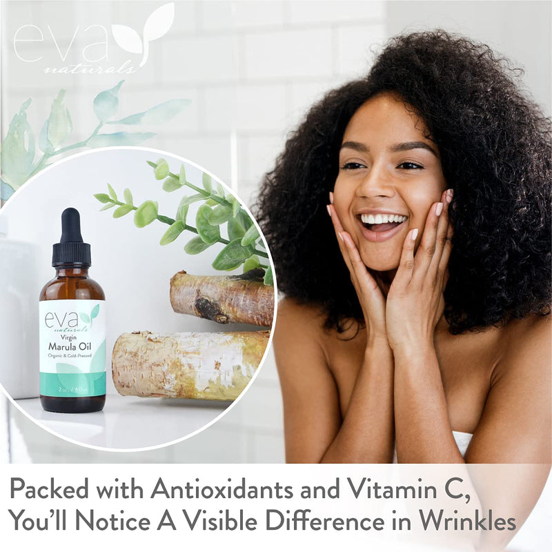 Organic Marula Oil for Face and Hair, 100% Virgin Moisturizing Beauty Oil - Cold Pressed, Natural Anti-Aging Formula - Non-greasy, Unrefined, Rich in Omegas & Antioxidants - 2oz. Eva Naturals