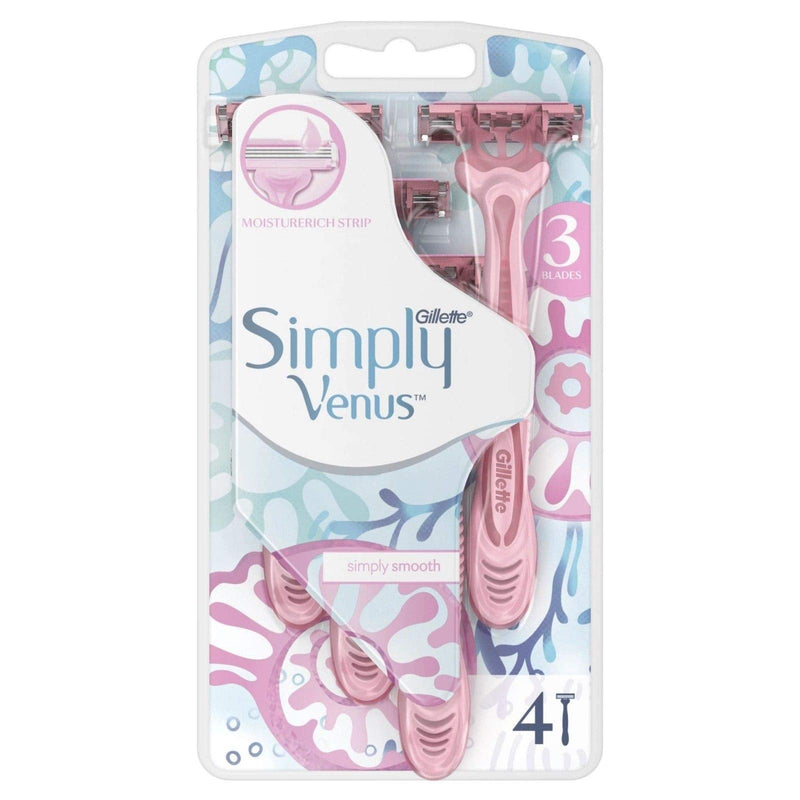 Simply Venus 3 Blade Disposable Razors, with Moisture Rich Strip, 4 Count (1 Pack) Simply Venus