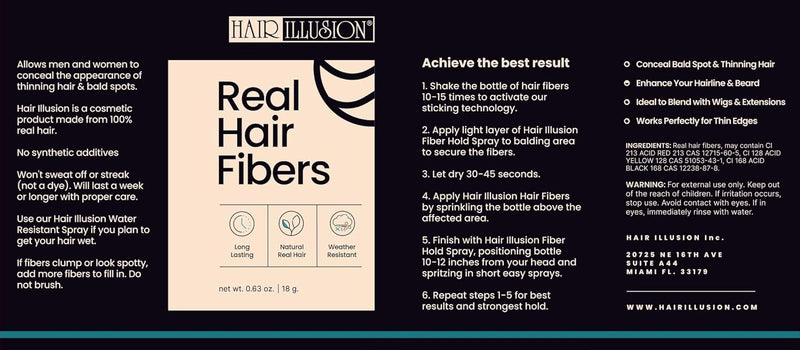 Hair Illusion Dark Brown Real Hair Fibers for Thinning Hair - 100% Natural Texture, Non Synthetic Hair Fibers - Bald Spot Cover Up for Women & Men - 18 Gram
