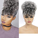 G&T Wig Afro High Puff Hair Bun Drawstring Ponytail With Bangs Short Kinky Curly Pineapple Pony Tail Clip in on Wrap Updo Hair Extensions for African American Black Women (1B/Grey) G&T Wig Store