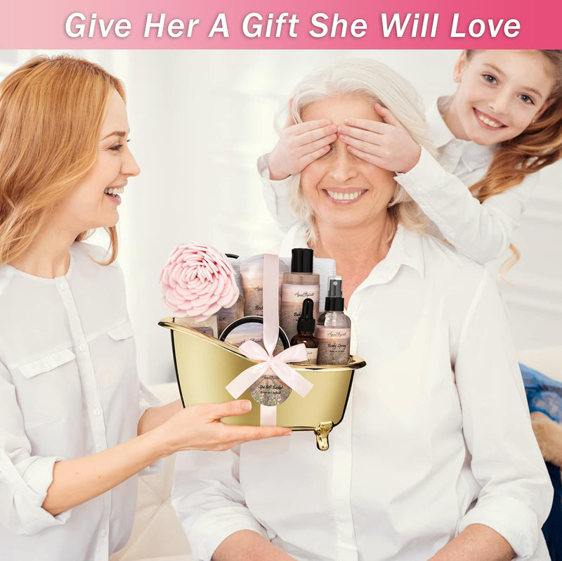 Spa Gift Baskets For Women - Luxury Bath Set With Rose Oil & Orchid - Spa Kit Includes Body Wash, Bubble Bath, Lotion, Body Butter, Soap, Body Spray, Shower Puff, and Towel