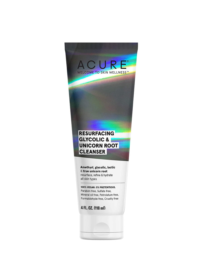 Acure Resurfacing Glycolic + True Unicorn Root Cleanser, 100% Vegan, Amethyst, Lactic, Resurface, Refine & Hydrates, All Skin Types, Rose, 4 Fl Oz Acure