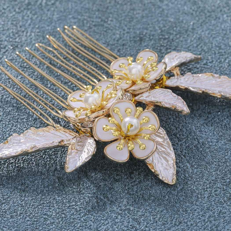 Aukmla Flower Bride Wedding Hair Comb with Hair Pins Gold Leaf Bridal Hair Piece Crystal Hair Jewelry Pearl Hair Accessories for Women and Girls (Pack of 3) Aukmla