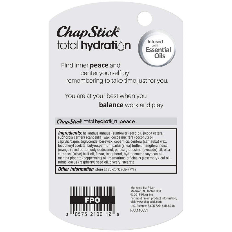 ChapStick Total Hydration Essential Oils Peace Lip Balm, Rosemary + Peppermint Lip Balm Tube, Lip Care - 0.12 Oz Chapstick