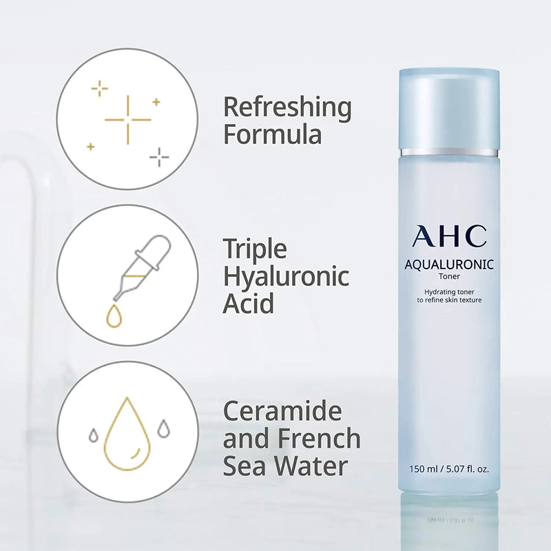AHC Toner for Face Aqualauronic Hydrating Skin for Dehydrated Skin Triple Hyaluronic Acid Korean Skincare 5.07 oz AHC