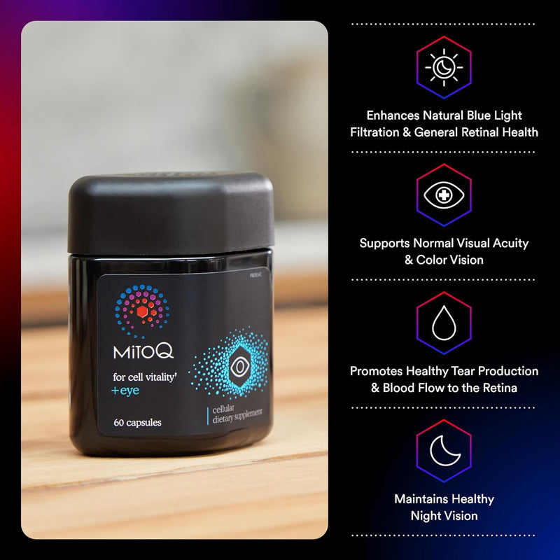 MitoQ +Eye Advanced CoQ10 Antioxidant - Contains Mitoquinol Mesylate, Lutein, Zeaxanthin, Bilberry, Maritime Pine Bark - Supports Eye Health, Blue Light Filtration & Cell Vitality (60 Capsules) Infinity Warehouse