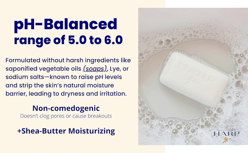 HARP pH-Balanced (5.0-6.0) Body Wash Bar. 100% Syndet. Protects Moisture Barrier For Sensitive, Dry or Irritated skin. + Shea Butter/Borage Oil. Non-Comedogenic. FRAGRANCE FREE Infinity Warehouse