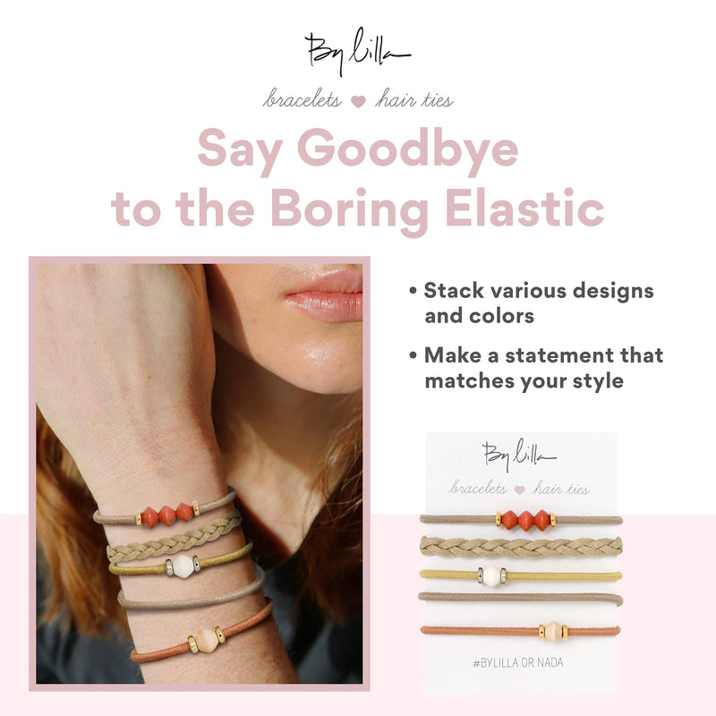 By Lilla Limestone Mini Stack Elastic Hair Ties and Bracelets | Set of 5 Hair Tie-Bracelets | Hair Accessories for Women | No Crease Hair Ties & Women’s Bracelets (Brown / Gold / Nude / Orange) By Lilla