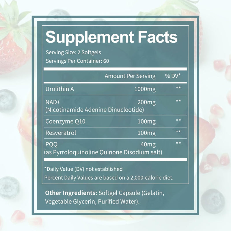 Urolithin A Supplement 1000mg with NAD+,CoQ10,Resveratrol,PQQ Supplement for Men Women 120 Softgels for Muscle Energy Antioxidants High Bioavailability Infinity Warehouse