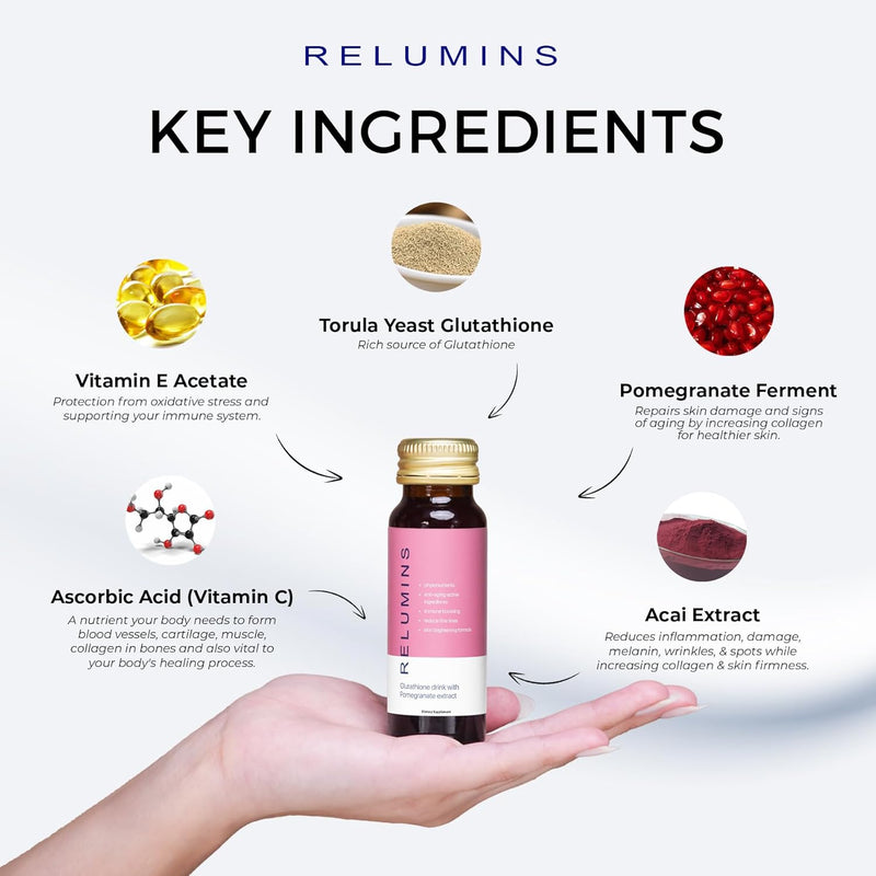 Relumins Glutathione Drink - Helps Promote Brighter and Firm Skin, Boosts Collagen Content, Moisture for a Younger Looking Skintone - Pomegranate Flavor, 50mL x 10 Gluta Shot Bottles Infinity Warehouse