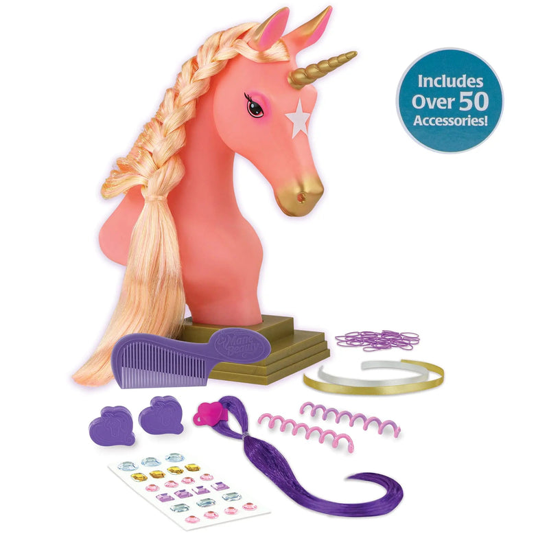 Breyer Horses Mane Beauty Unicorn Styling Head | Stardust | Pink Extra-Long Silky No Tangle Mane | 10" x 4.25" x 4.25" | Styling Book, Brush, Hair Coils, Clips, Elastics | Unicorn Toy | Model