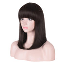 15 Inch Short Straight Dark Brown Bob Wig with Bangs | Natural Heat Resistant Synthetic Hair for Women Daily Wear (Brown) AMZCOS
