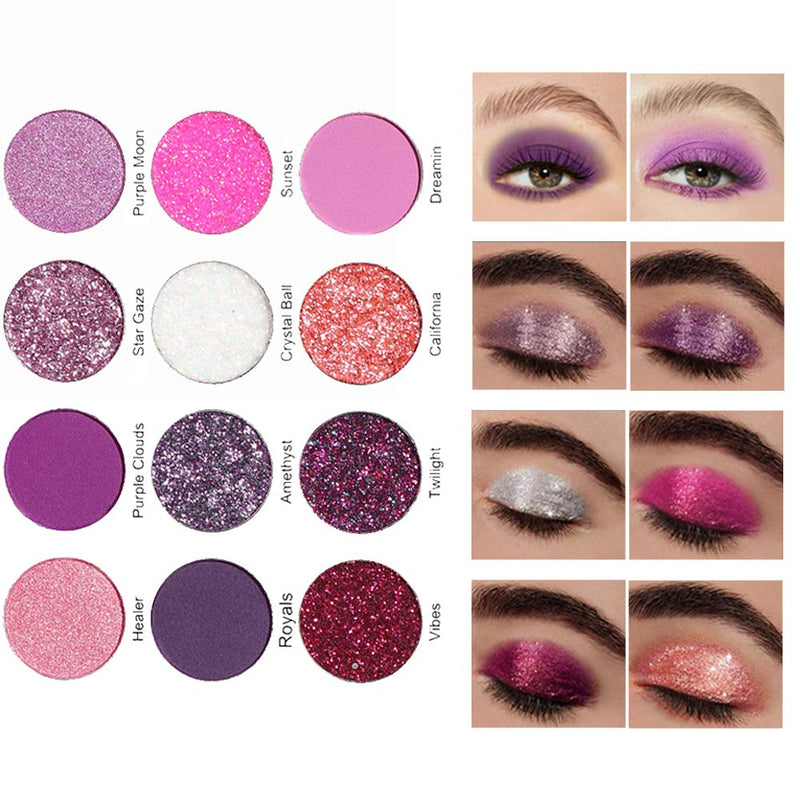 12 Colors Glitter Purple Pink Cheap Eyeshadow Makeup Palette Pallets,Bright High Pigmented Metallic Shimmer Rainbow Colorful Pressed Glitter Eyeshadow Eye Glitter Makeup Palette Pallets Set for Girls BINGBRUSH